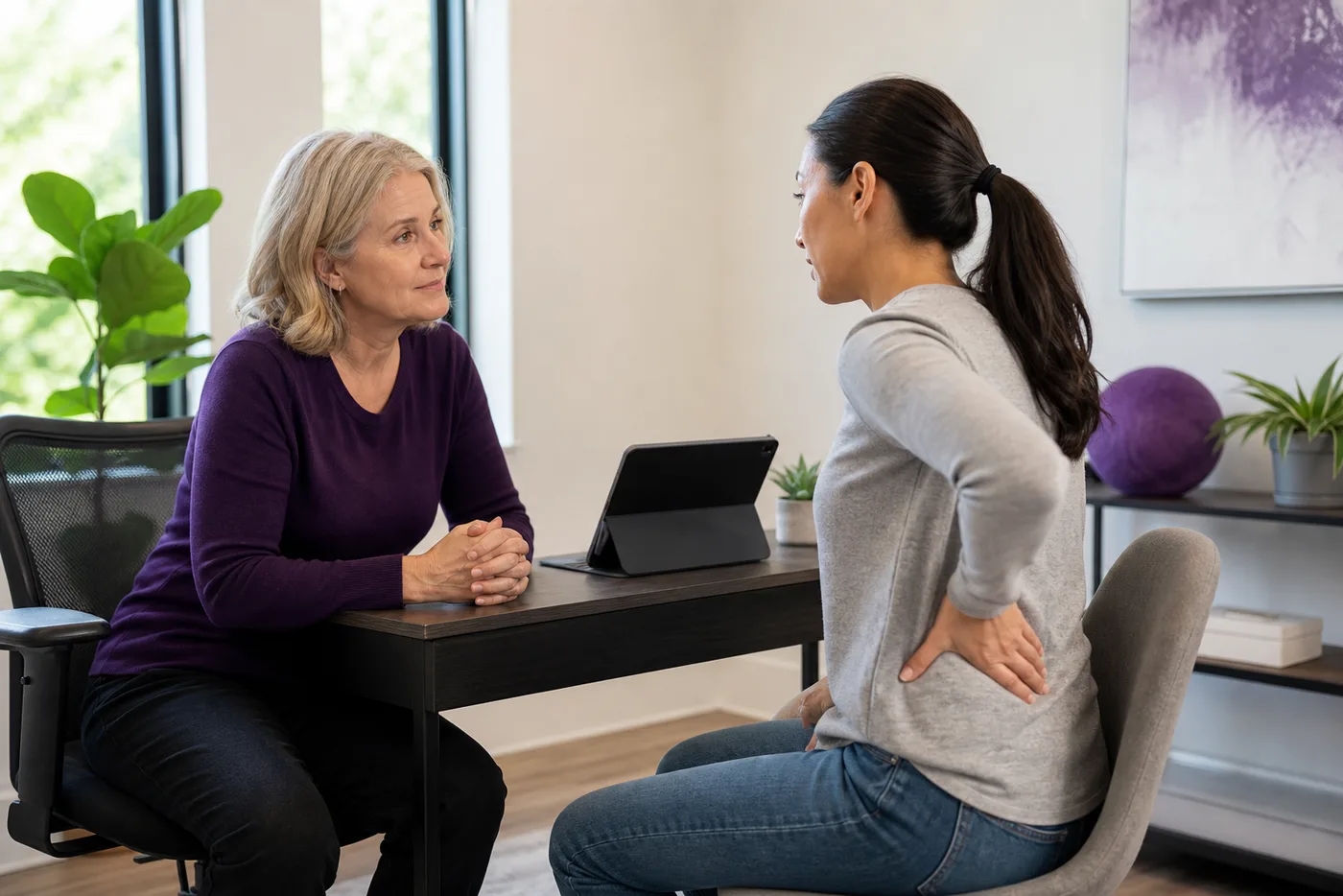 Chiropractic Consultation for Digital Work Strain Chiropractor for lower back pain discussing digital work habits with a patient