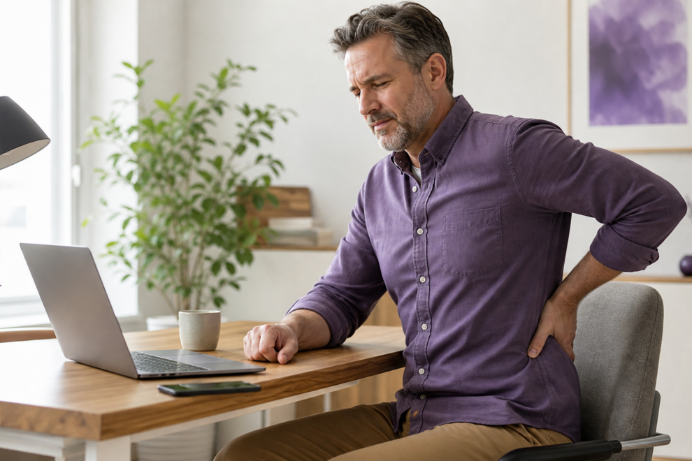 Professional experiencing lower back discomfort during a screen-heavy workday